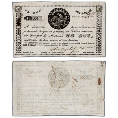 Jean Baptiste Clement 1837 1 Ecu Note QC #90-10-12 - Serial #16