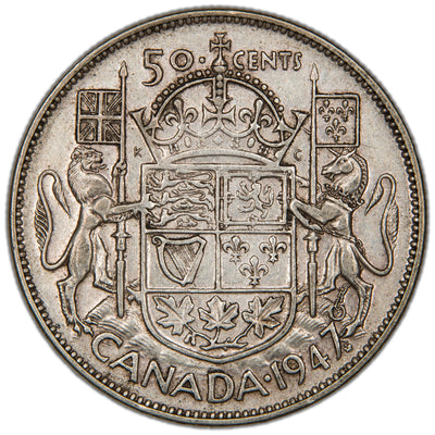 Canada 1947 Maple Leaf 50 Cents Half Dollar Silver Coin. - Very Fine