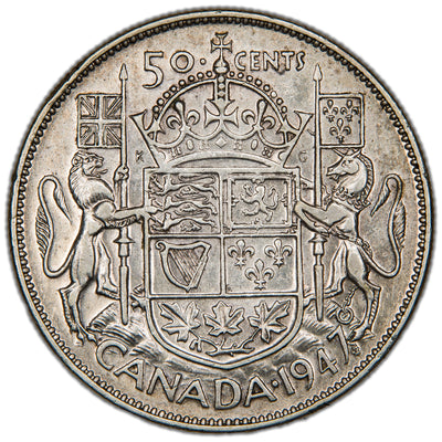Canada 1947 Maple Leaf 50 Cents Half Dollar Silver Coin. - VF/EF