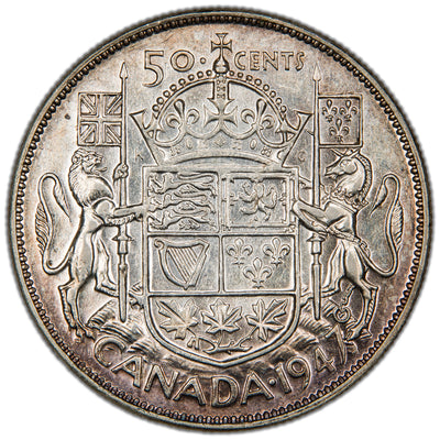 Canada 1947 Maple Leaf 50 Cents Half Dollar Silver Coin. - VF/EF