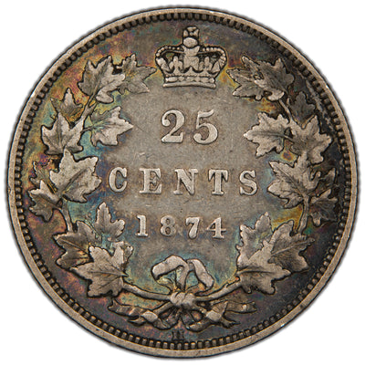 Canada 1874-H 25 Cents Quarter Silver Coin - F/VF