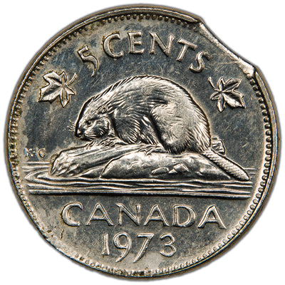 Canada 1973 5 Cents Nickel Error Coin - Clipped Planchet
