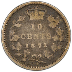 Canada 1871-H 10 Cents Dime Silver Coin - VG