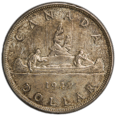 Canada 1947 Blunt 7 7/7 2xHP $1 Silver Dollar Coin -  Almost Uncirculated