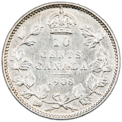 Canada 1908 10 Cents Dime Silver Coin - Cleaned