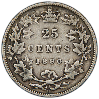 Canada 1890-H 25 Cents Quarter Silver Coin - Very Good