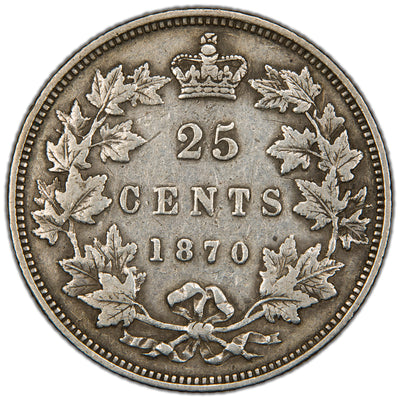 Canada 1870 Obverse #1 25 Cents Quarter Silver Coin - F/VF