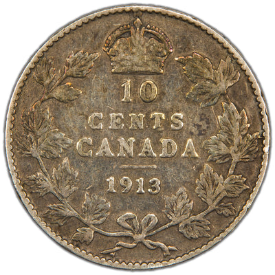 Canada 1913 Broad Leaves 10 Cents Dime Silver Coin - VG