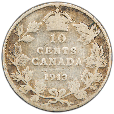 Canada 1913 Broad Leaves 10 Cents Dime Silver Coin