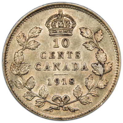 Canada 1918 10 Cents Dime Silver Coin - AU