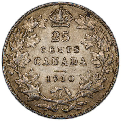 Canada 1910 25 Cents Quarter Silver Coin - Almost Uncirculated