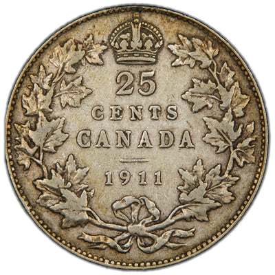 Canada 1911 25 Cents Quarter Silver Coin - F/VF
