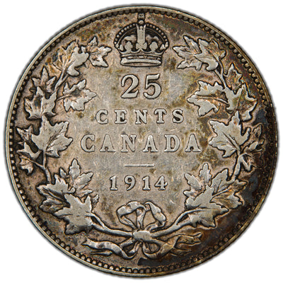 Canada 1914 25 Cents Quarter Silver Coin - VF