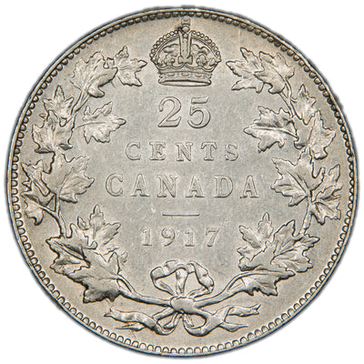 Canada 1917 25 Cents Quarter Silver Coin - About AU (cleaned)