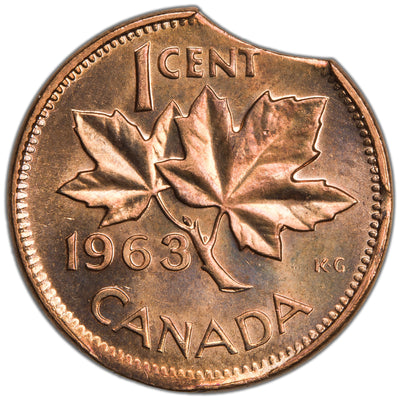 Canada 1963 1 Small Cent Error Coin - Curved Clipped Planchet