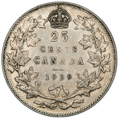 Canada 1929 25 Cents Quarter Silver Coin - Almost Uncirculated