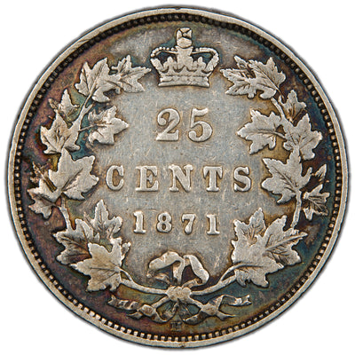 Canada 1871-H Obverse #2 25 Cents Quarter Silver Coin - Fine