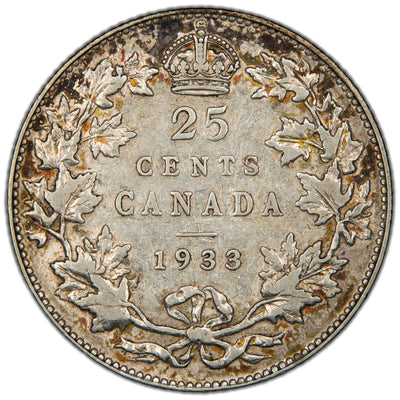 Canada 1933 25 Cents Quarter Silver Coin - VF/EF