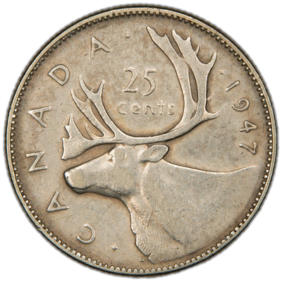 Canada 1947 Dot 25 Cents Quarter Silver Coin - VF (cleaned)