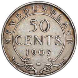 Newfoundland 1907 50 Cents Half Dollar Silver Coin - Very Fine +