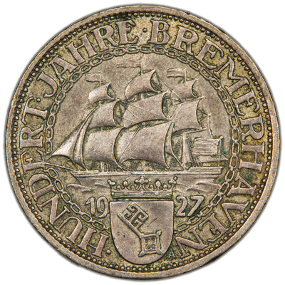 Germany 1927 Bremerhaven 3 Reichsmark Silver Coin