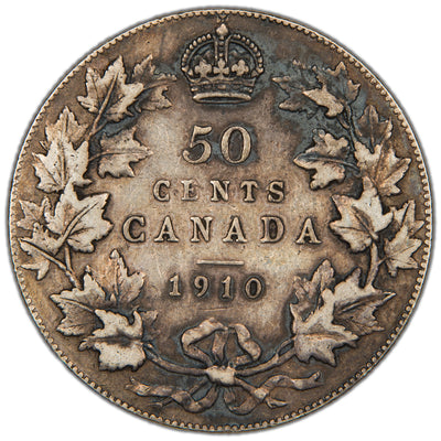 Canada 1910 Victorian Leaves 50 Cents Half Dollar Silver Coin - Very Fine