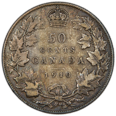Canada 1910 Edwardian Leaves 50 Cents Half Dollar Silver Coin - F/VF