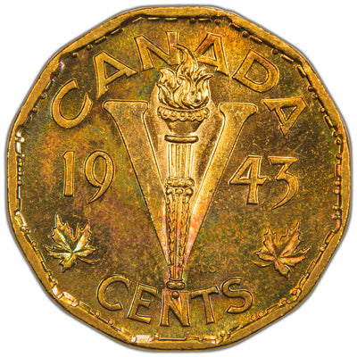 Canada 1943 Tombac 5 Cents Coin - UNC - Interesting Toning!