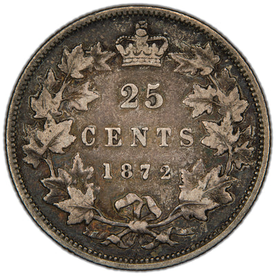 Canada 1872-H 25 Cents Quarter Silver Coin - VG/F