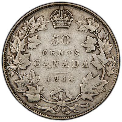 Canada 1914 50 Cents Half Dollar Silver Coin - Fine