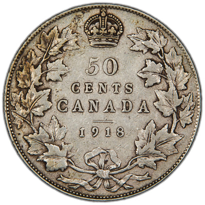 Canada 1918 50 Cents Half Dollar Silver Coin - Very Fine