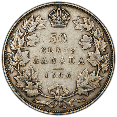 Canada 1936 50 Cents Half Dollar Silver Coin - F/VF