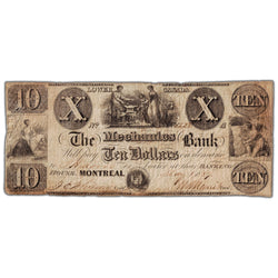 Front view of The Mechanics Bank 1837 ten dollar banknote, issue number 435-10-06, serial number 1228, in circulated condition.