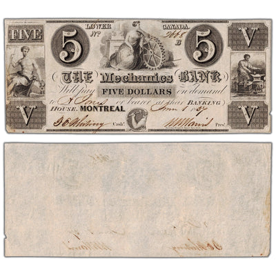 The Mechanics Bank 1837 five dollar note, catalog 425-10-04, serial number 2668, stacked view showing both front and back sides, graded Extremely Fine condition with a minor border nick.