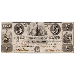 Front view of The Mechanics Bank 1837 five dollar banknote, issue number 425-10-04, serial number 2668, grading EF with a small border nick.