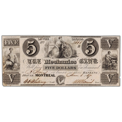 Front view of The Mechanics Bank 1837 five dollar banknote, issue number 425-10-04, serial number 2668, grading EF with a small border nick.