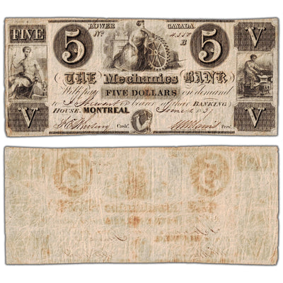 The Mechanics Bank 1837 five dollar note, catalog 425-10-04, serial number 4350, stacked view showing both front and back sides, graded Very Fine condition with minor pinholes.
