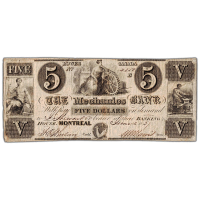 Front view of The Mechanics Bank 1837 five dollar banknote, issue number 425-10-04, serial number 4350, grading VF with minor pinholes.