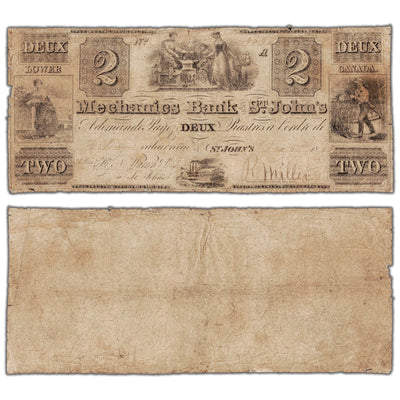 Mechanics Bank of St John 1830s two dollar note remainder, catalog 440-12-02-04R, inventory mbsj02, stacked view showing both front and back sides, circulated condition.