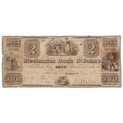 Front view of Mechanics Bank of St John 1830s two dollar banknote remainder, issue number 440-12-02-04R, inventory mbsj02, in circulated condition.