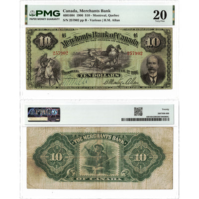Front and back view of a 1906 Merchants Bank of Canada 10 dollar chartered banknote, graded PMG VF-20, displayed together in its certified holder.