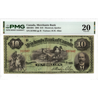 Front face view of a 1906 Merchants Bank of Canada 10 dollar chartered banknote, highlighting the historical design vignettes and PMG VF-20 grading details.