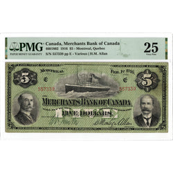 Obverse front view of a Merchants Bank of Canada 1916 5 dollar Chartered banknote, graded PMG Very Fine 25, serial 557339, showcasing the portrait vignettes and signatures.