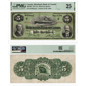 Merchants Bank of Canada 1916 $5 Chartered Note #460-18-02 - PMG VF-25