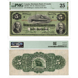 Front and back view of a 1916 Merchants Bank of Canada 5 dollar Chartered Note, certified PMG VF-25, serial number 557339, showing both sides of the antique Canadian currency.