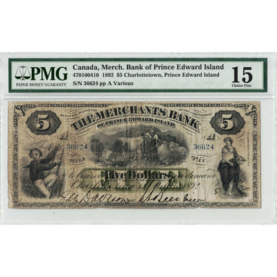 Front face view of an 1892 Merchants Bank of Prince Edward Island 5 dollar chartered banknote, highlighting the historical design vignettes and PMG F-15 grading details.