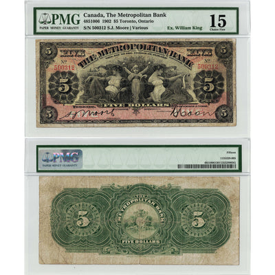 Front and back view of a 1902 The Metropolitan Bank 5 dollar chartered banknote, graded PMG F-15, displayed together in its certified holder.