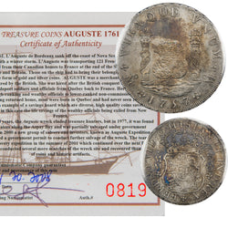 Composite overview displaying the obverse and reverse of a Mexico 1757-Mo MM 8 Reales Pillar Dollar silver coin (ICCS EF-45, SKU: ST 142 / 0819) alongside its official Auguste 1761 Shipwreck Certificate of Authenticity #0819.