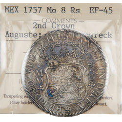 Front of ICCS protective slab encapsulation holder for a Mexico 1757-Mo MM 8 Reales silver coin from the Auguste 1761 shipwreck (Grade EF-45, SKU: ST 142 / 0819), displaying the official ICCS yellow certification insert label with grade, mint mark, provenance, and serial number above the coin.
