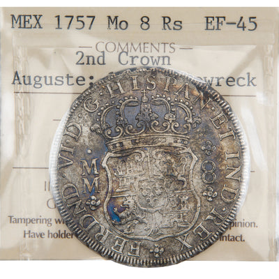 Front of ICCS protective slab encapsulation holder for a Mexico 1757-Mo MM 8 Reales silver coin from the Auguste 1761 shipwreck (Grade EF-45, SKU: ST 142 / 0819), displaying the official ICCS yellow certification insert label with grade, mint mark, provenance, and serial number above the coin.